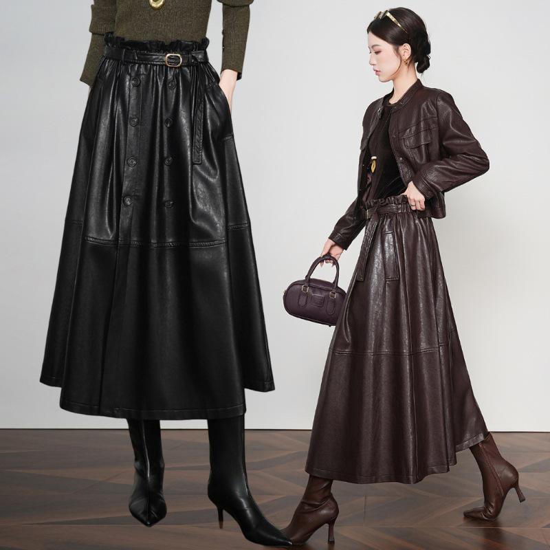 Women's Elegant Lambskin High Waist Pleated A-line Skirt, Mid-length Korean Style