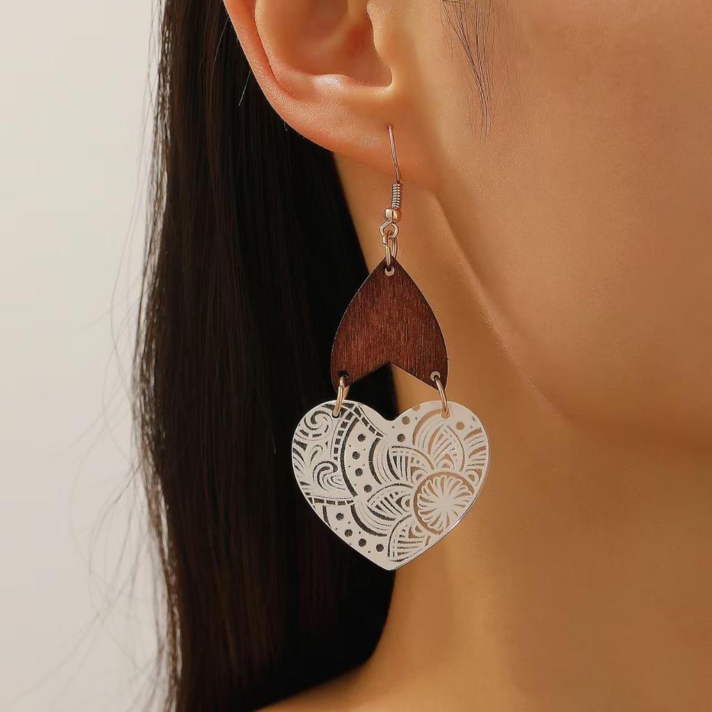 Ethnic Style Temperament Wooden Patchwork Printed Hollow Acrylic Heart Shaped Earrings For Women