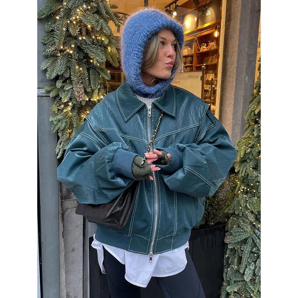 Women Zipper Leather Bomber Jackets Coats Oversized Contrast Stitch Lapel Long Sleeve Jacket Motorcycle Autumn Outwear Tops