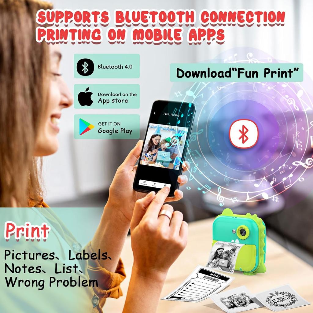 Instant Print Camera for Kids, Inkless Sticker Printer for Girls Boys Age 3-12, 20MP HD Digital Video Cameras, Mini Thermal Printer Kid Toy