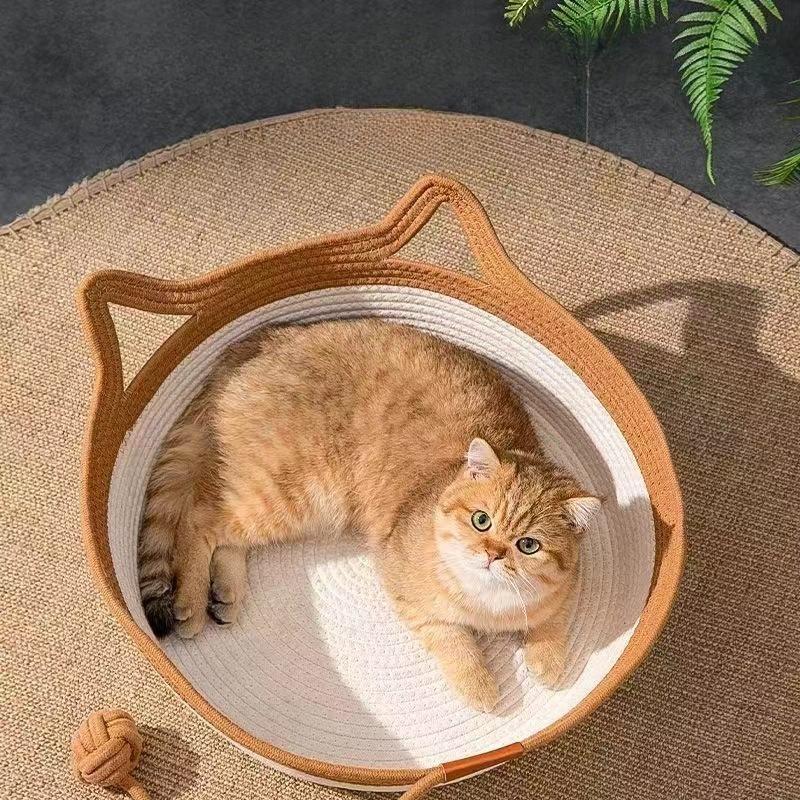 Cat Rattan Bed Round Hand Woven Kitten Bed Summer Wear-resistant Cooling Bed Indoor Sleeping House M/L Size Pet Accessories