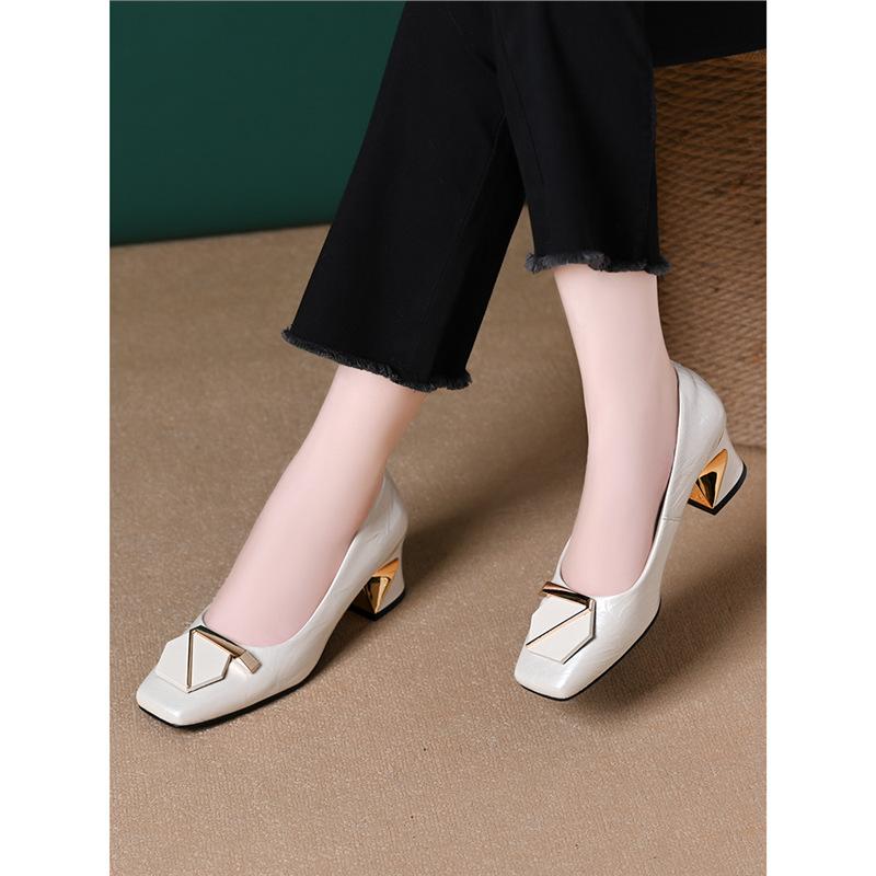 Single Shoes Women's 2025 Spring and Autumn French Square Head Light Mouth Thick Heel High Heels Seven-character Buckle Temperament One Pedal Work L