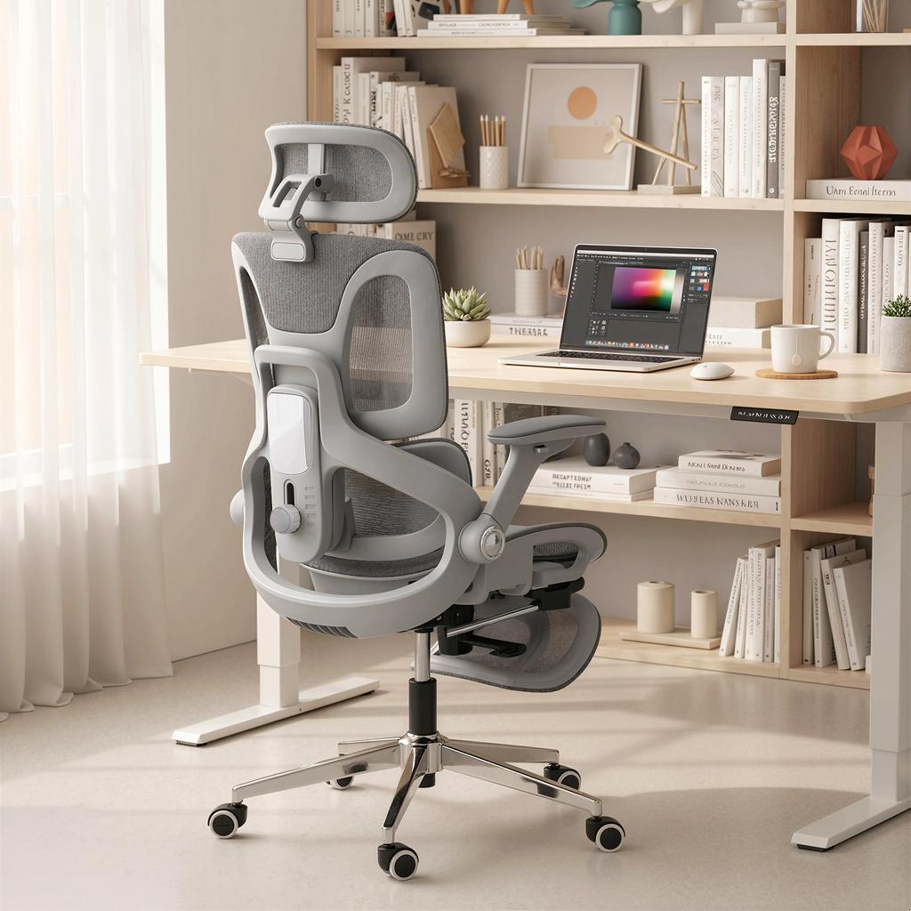 Office Chair, Ergonomic, 4D Armrests, Adjustable Headrest and Seat Depth, Grey Mesh