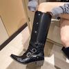 Fashion 2025 New Women Metal Doctor Thick Heeled Black Boots Autumn Pointed Toe Pu Leather Mid Calf Boots Woman Boots Big Size Shoes