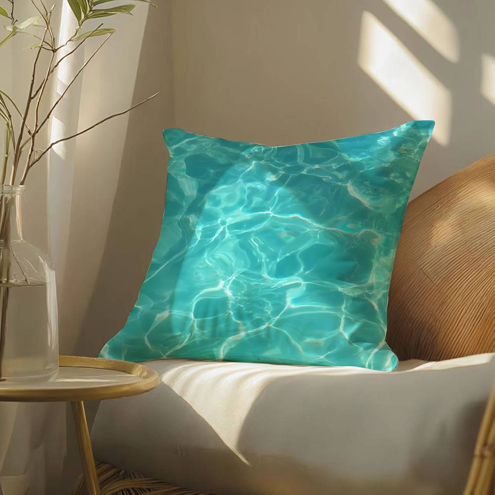 Blue Green Ocean Print Pattern Pillow Case Silky Elegant Comfort Sofa Bed  Invisible Zipper Beach Pillowcase