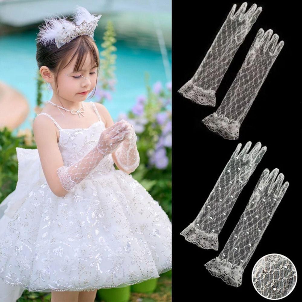 2Pairs Bright Rhinestone Children's Lace Gloves Five Fingers Performance Gloves  Birthday Party