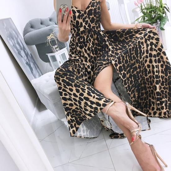 

Women Bohemian Sling Dress Spaghetti Straps Floral Print Deep V Neck Slit