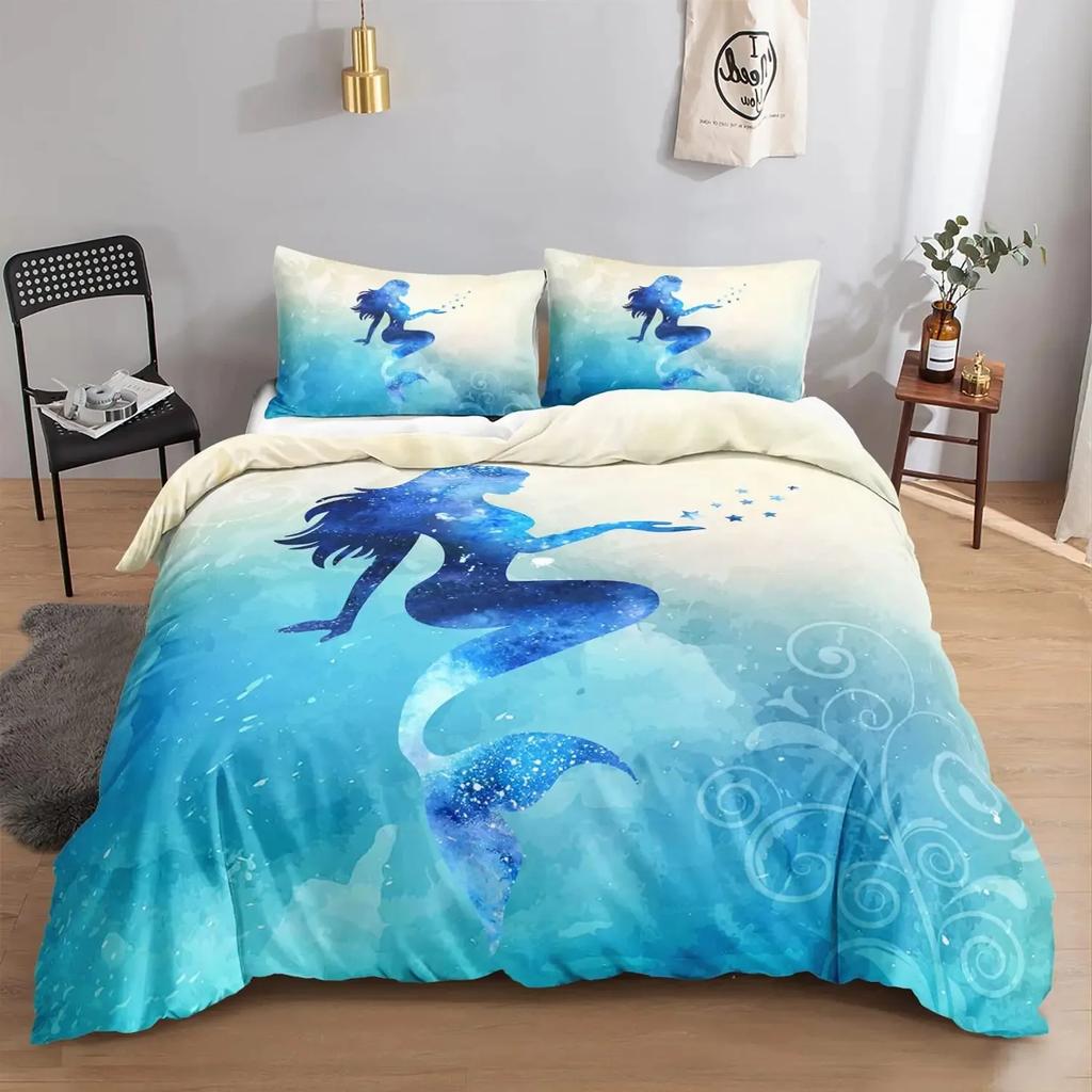 Mermaid Duvet Cover Set,Starfish Blue Undersea Style Dreaming Fairy Tale Bedding Set Girly Comforter Cover Bedroom Decor Gifts