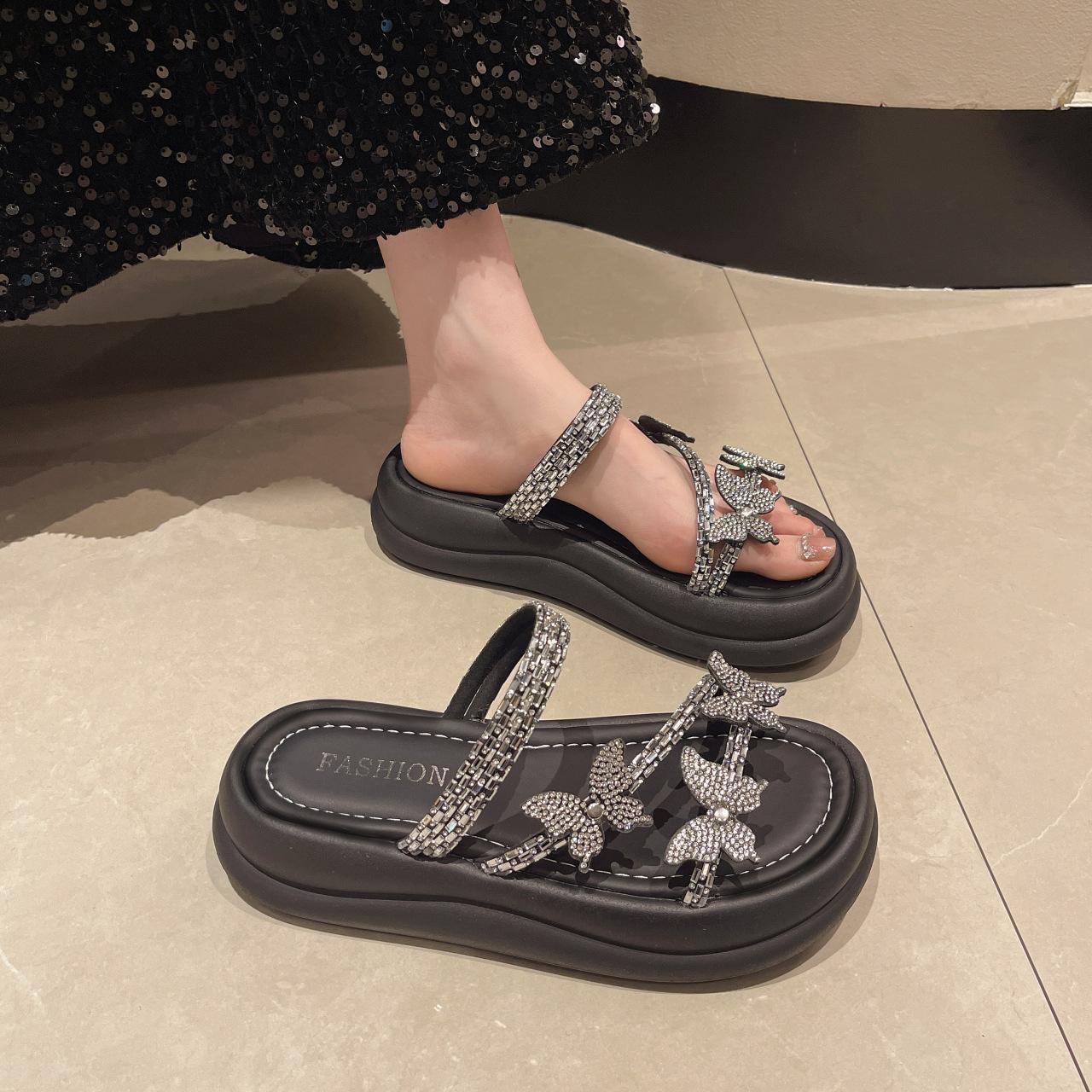 

Bow thick bottom cover toe cool slippers women wear 2024 summer new fashion muffin rhinestone slippers 35 чёрный