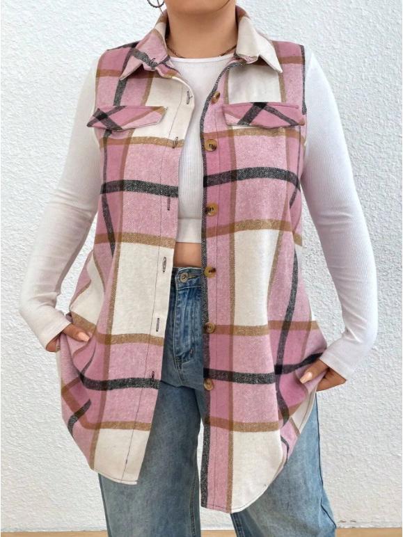European & American Autumn/Winter Women's Fashion Plaid Sleeveless Turn-Down Collar Vest with Side Pockets