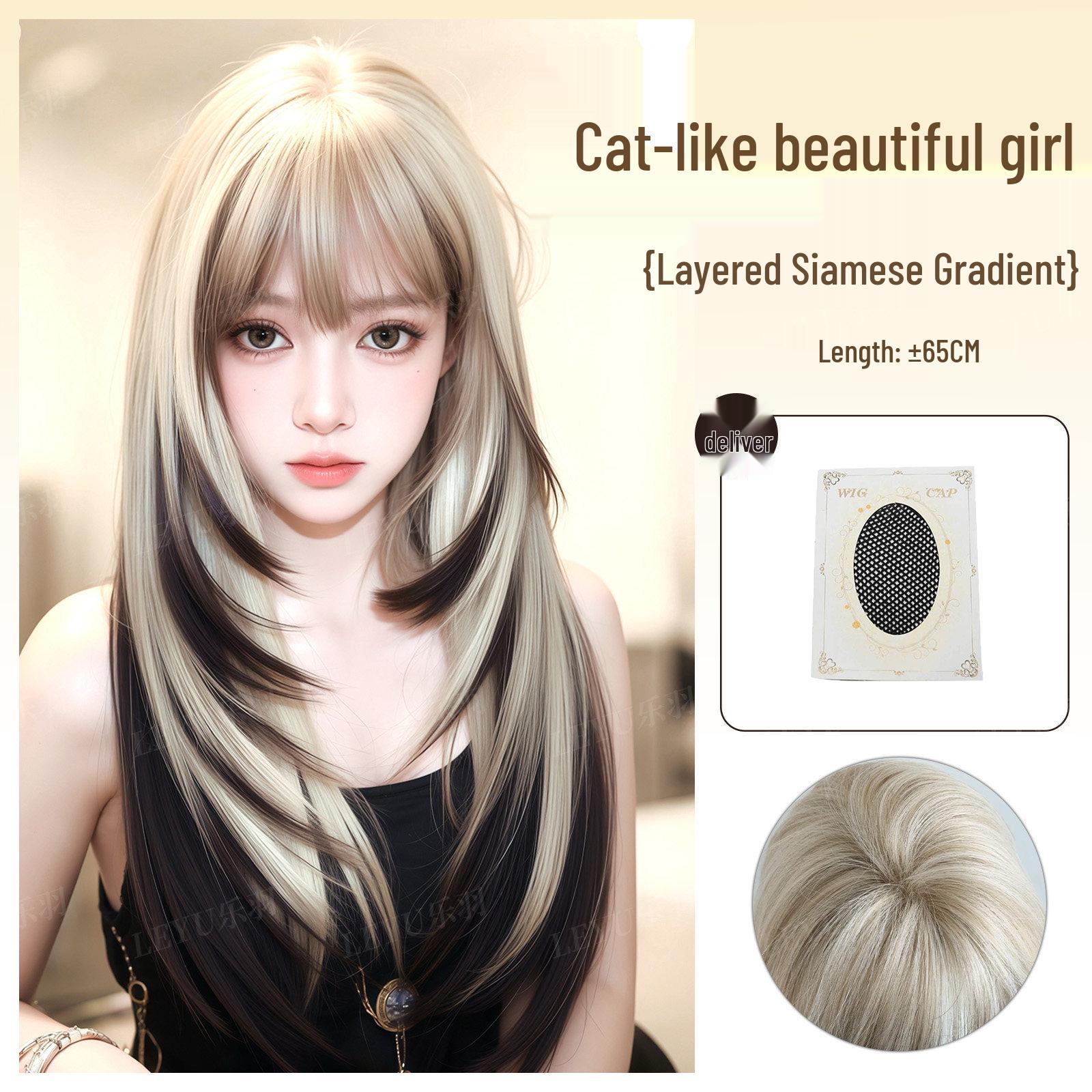 

Женский длинный парик с градиентом черный-золотой, с кошачьей красотой - Косплей, сиамские пряди, полный набор париков