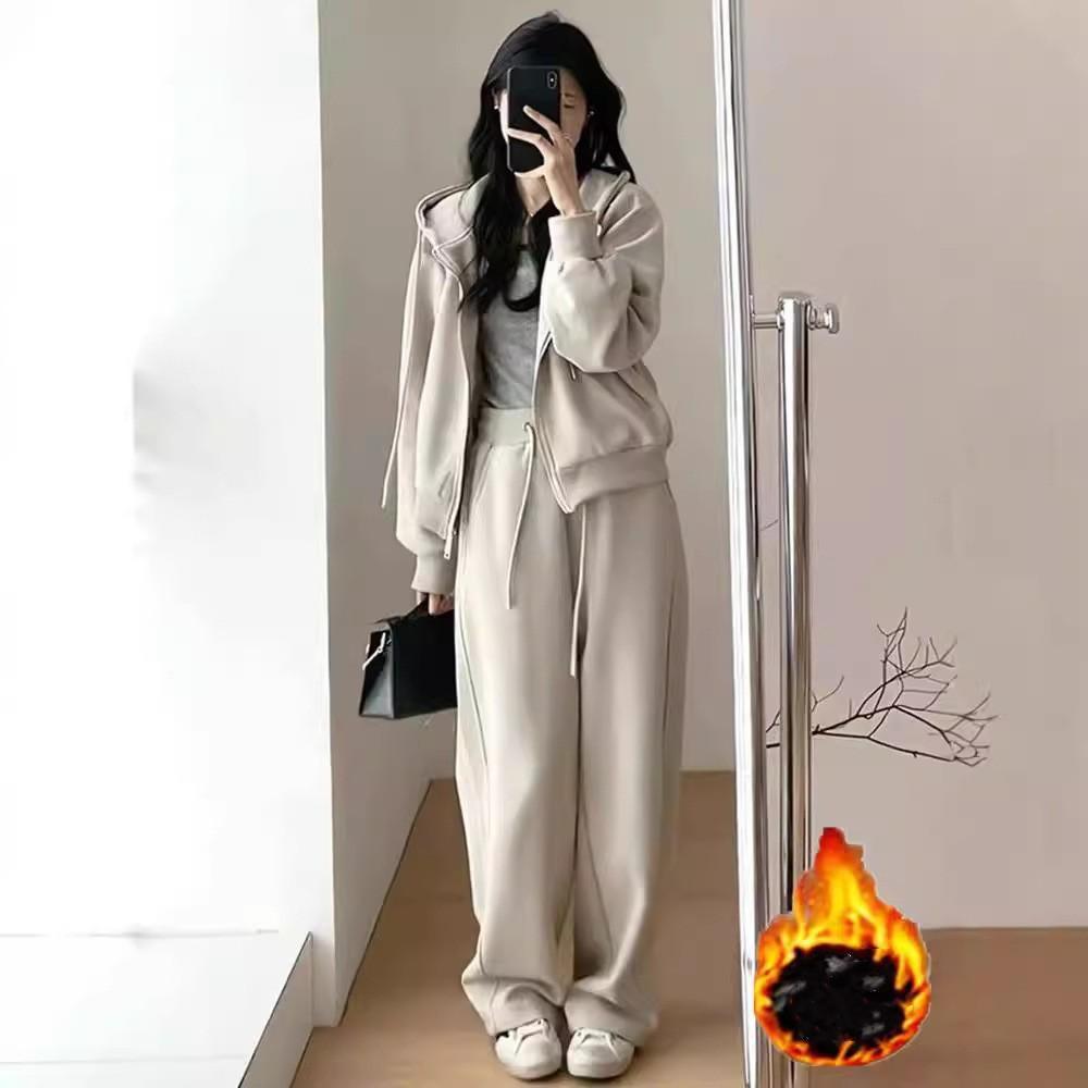 Women's Feminine Slimming & Youthful Casual Sports Set Long-Sleeve Hooded Sweatshirt + Wide-Leg Pants Two-Piece Set