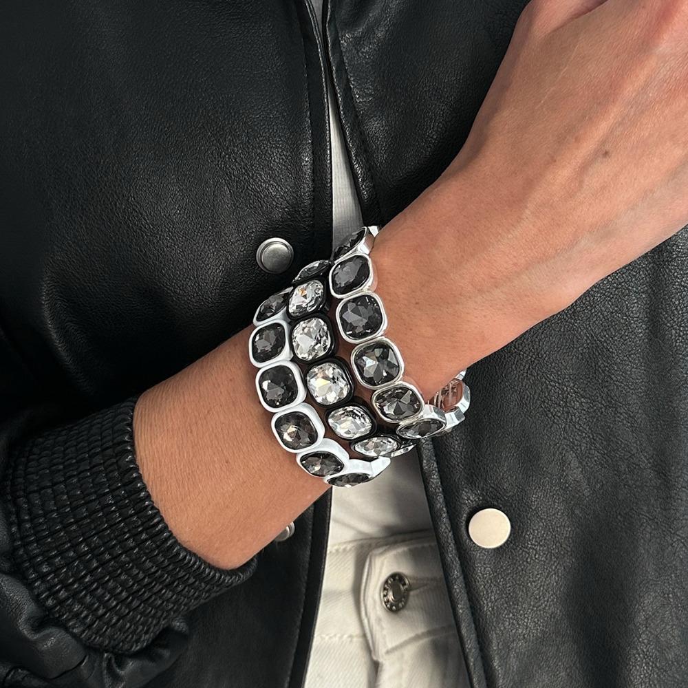 Punk Trendy Luxury Silver Edging Geometric Square Acrylic Imitation Gemstone Bead Elastic Bracelet Ring Sets for Men Jewelry