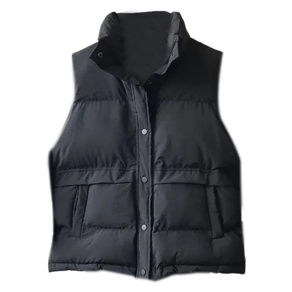 Women Winter Vest Coat Stand Collar Solid Color Button Closure Sleeveless Padded Thick Short Type Windproof Warm Lady Waistcoat