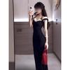 Lace Splicing Neck One-word Shoulder Dress Women's Summer Niche Slim and Thin Waist and Hip Long Dress
