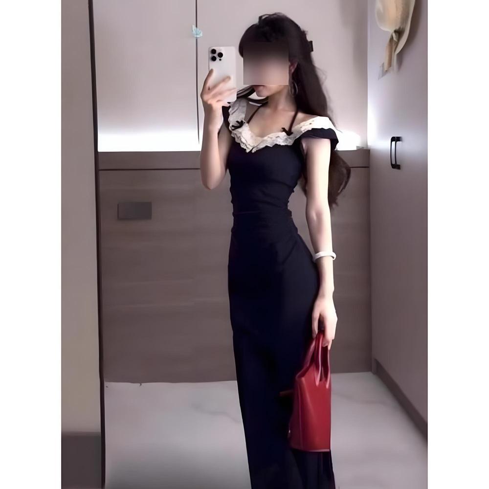 Lace Splicing Neck One-word Shoulder Dress Women's Summer Niche Slim and Thin Waist and Hip Long Dress