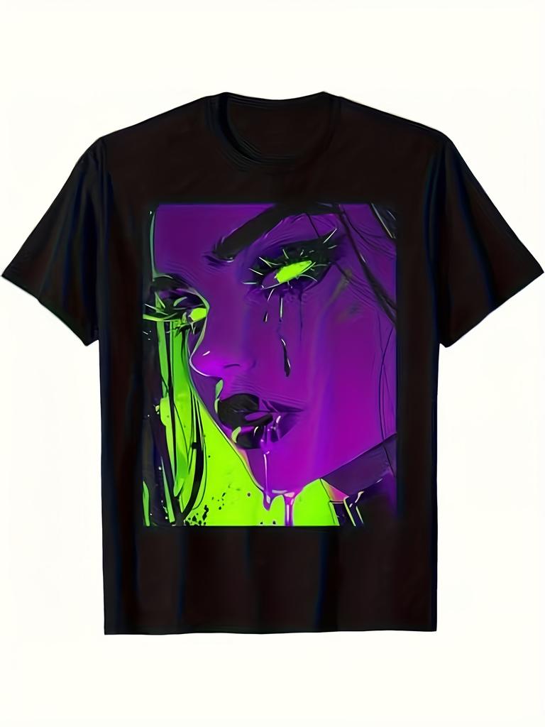 Anime Neon Punk Woman Tears Graphic T-Shirt Purple Green Aesthetic Art Casual Cotton Tee Unisex