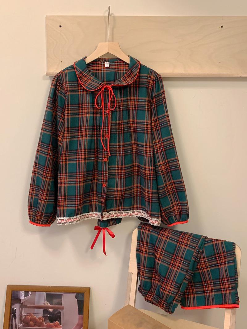 

Корейский клетчатый рождественский пижамный комплект для девочек - воротник Питер Пэн, длинный рукав и брюки, осенне-зимняя домашняя одежда Small