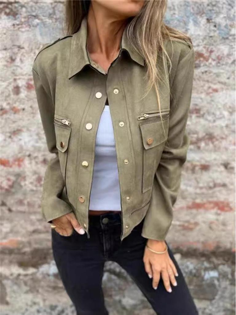 Suede Turn-Down Collar Long Sleeve Jacket with Metal Zipper - 2025 Collection