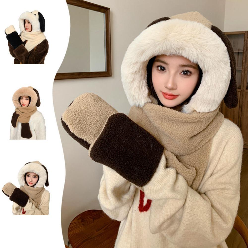 

Warm Plush Gloves 3-in-1 Plush Scarf Fashionable Plush Hood Winter