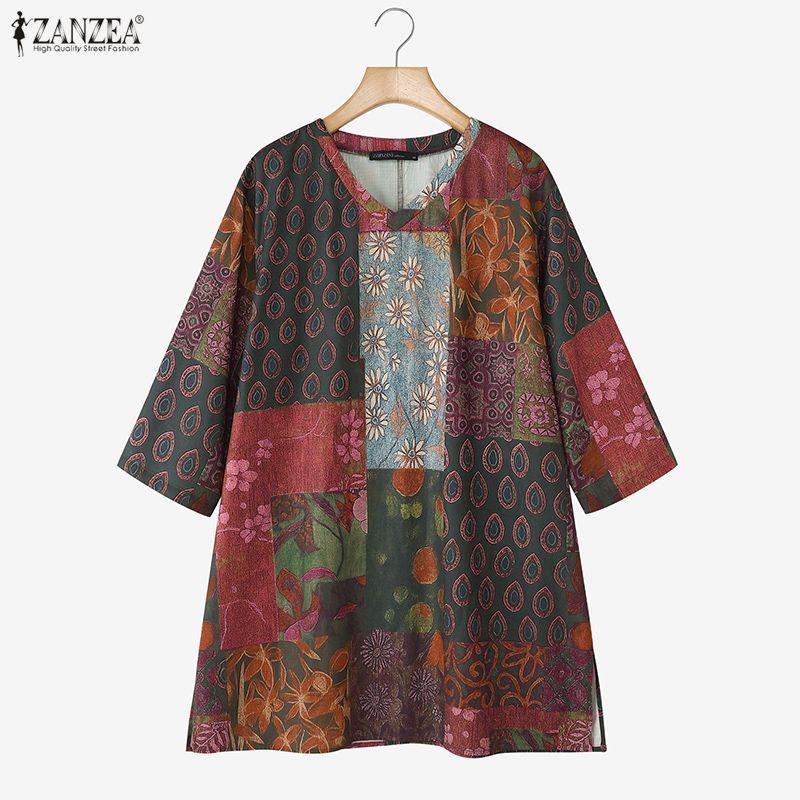 

ZANZEA Летняя женская повседневная блузка с круглым вырезом и короткими рукавами, в стиле ретро, с цветочным принтом 5XL красный