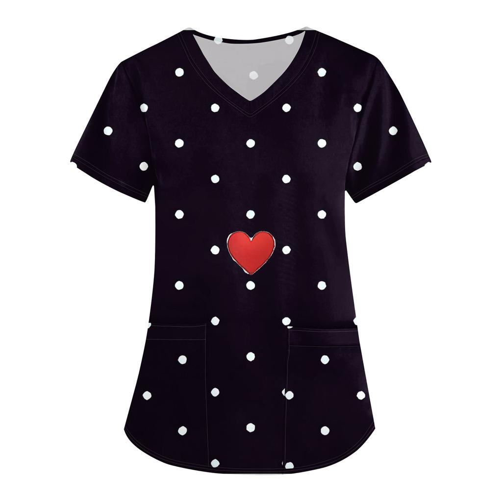 Women's Fashion V,Neck Short Sleeve Overalls With Pockets Valentine's Day Printed Tops Clothes