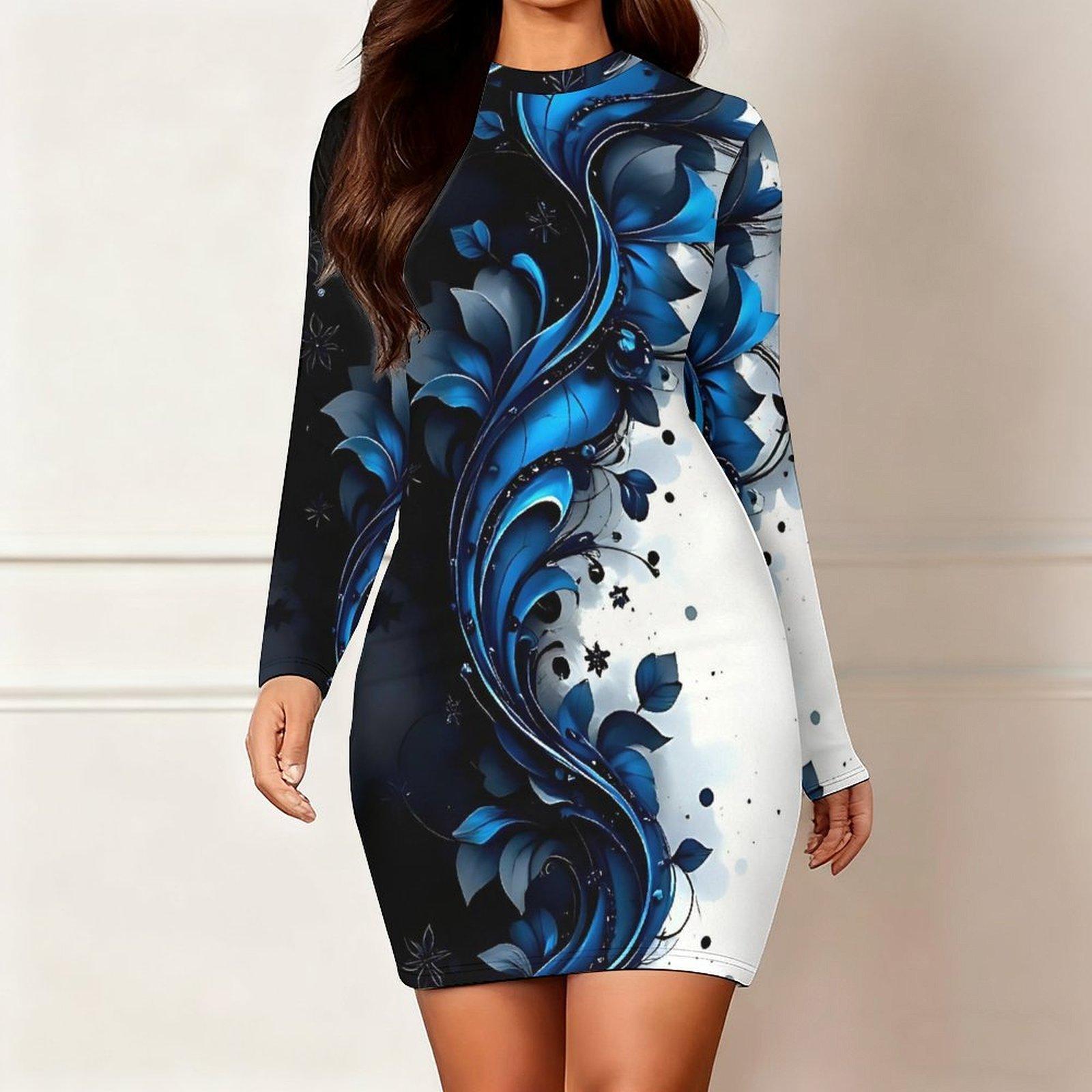 

2025 Autumn and Winter New 3D Flower Print and Dyeing Women s Fashion Long-sleeved Round Neck Hip-wrapped Dress Valentine s Day Limited XXL темно-синього кольору
