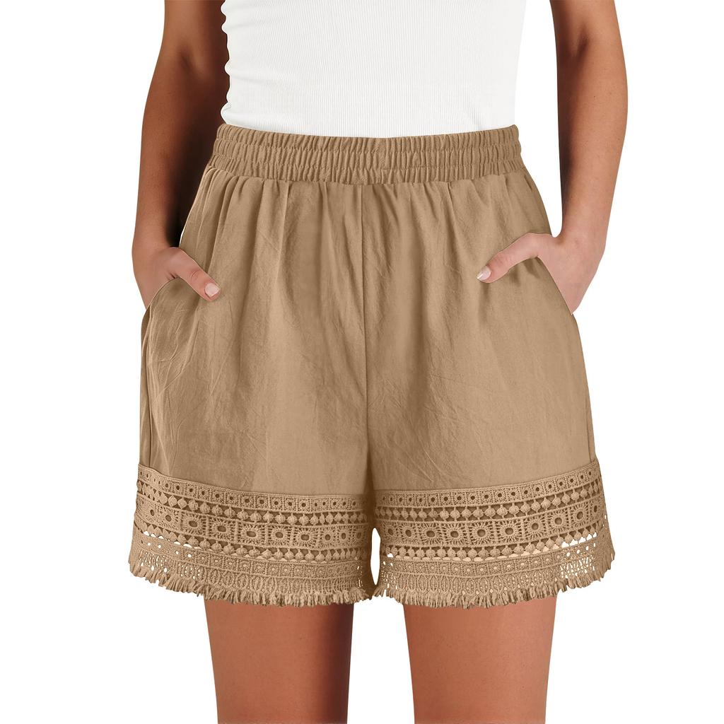 Women’s High Waist Elastic Shorts with Crochet Lace Trim Loose Fit Lightweight Summer Casual Shorts with Pockets