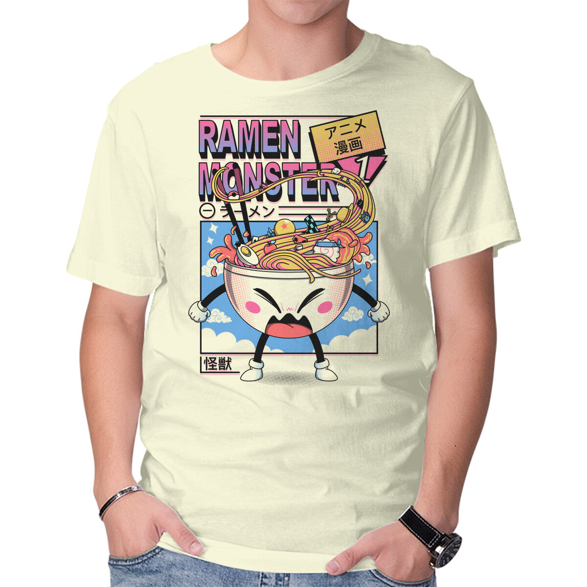 Unisex Crew Neck T-Shirt Ramen Manga Monster Graphic Short Sleeve Casual Tee S
