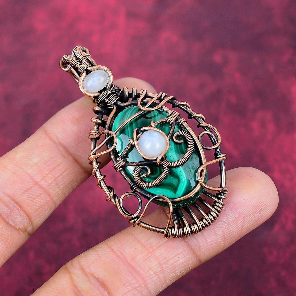 Evil Eye Malachite Pendant Copper Wire Wrapped Pendant Rainbow Moonstone Jewelry