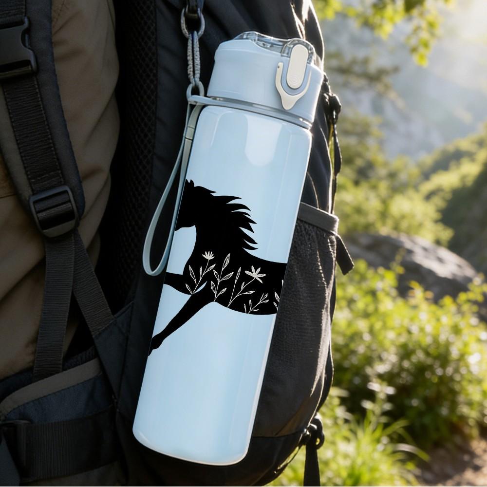 1PC Galloping Black Horse Silhouette 750ml Color Plastic Sports Water Bottle Leakproof Flip Straw Lid Suitable for Sports Office Home Use