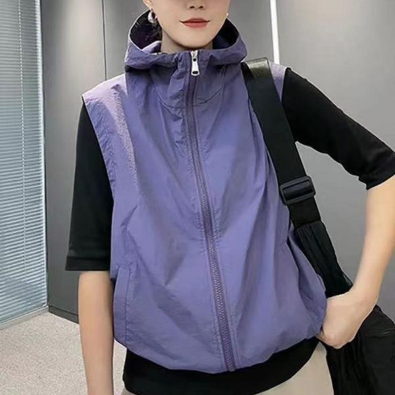 Women's Summer New Solid Color Vest Korean Loose Thin Hooded Sleeveless Cardigan Zipper Pockets Shorts All-match Casual Coats
