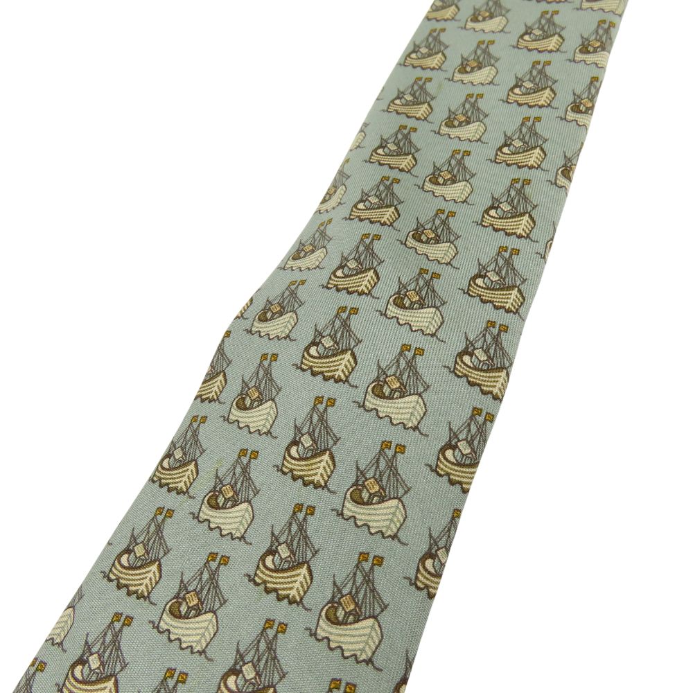 Used HERMES Tie Ship Motif Silk Dark Marks Green Business