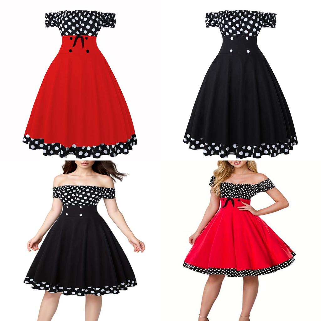 Vintage Polka Dot Halter Neck Dress With Puffed Sleeves For Date Night And Party Wear