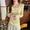 Early spring girly tender yellow knitted bottoming shirt women's button front shoulder sweater long-sleeved top