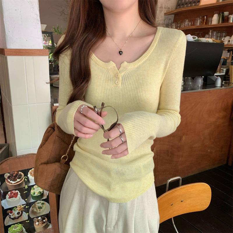 Early spring girly tender yellow knitted bottoming shirt women's button front shoulder sweater long-sleeved top