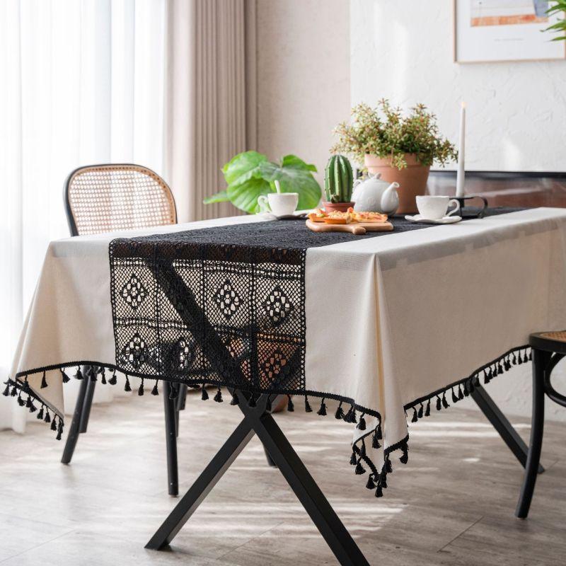 White Black Crochet Hollowed Out Patchwork Tablecloth  Lace Edge Printed Dustproof Table Cover Tassel Color Matching Table Towel