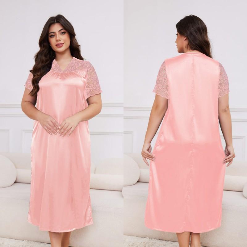 Plus Size Womens Lightweight Satin Sleep Dress With V-Neck Short Sleeve Loose Nightgown Home Wear