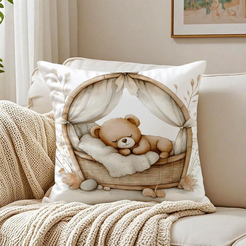 Cute Accompany Children Teddy Bear Cushion Cover Linen Pillowcase Soft  for Sofa Bed Home Room Decor