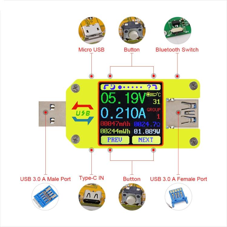 USB 3.0 Color Display Screen Tester Voltage-current Measurement Type-C Meter, Support Android APP