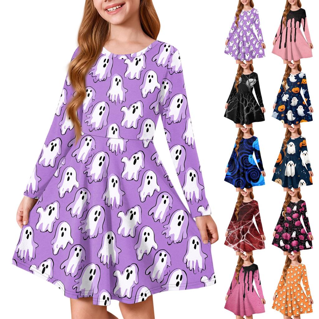 Girls' Summer Princess Dress Halloween Day- Long Sleeve A-Line T-Shirt Dress