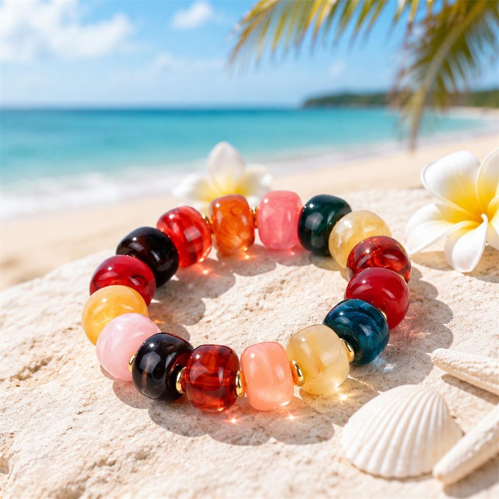 Direct supply retro elastic bracelet dopamine contrasting color ink resin bucket bead bracelet bracelet