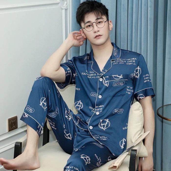 Men's Summer Ice Silk Pajama Set: Long Sleeve, Long Pants, Loose-Fit, Cooling Style.