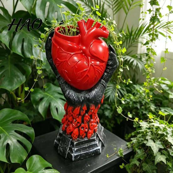 Skull Base Ornament Hand Holding Human Heart Organ Vase, Gothic Anatomical Shaped Dark Aesthetic Desktop Decor Spooky Halloween Flower Pot for Living