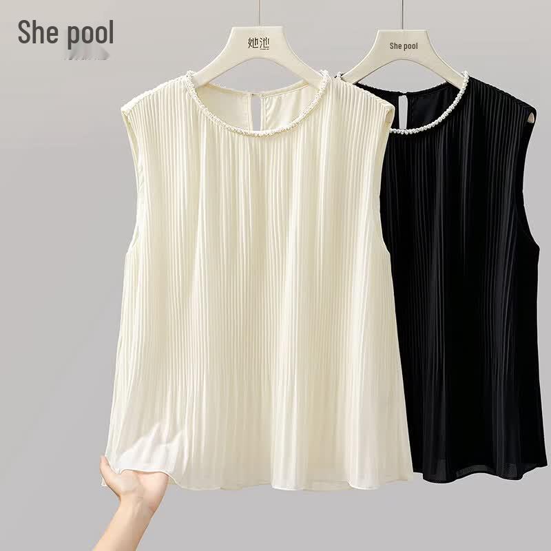 Women s Elegant Pleated Round Neck Sleeveless Top L бежевый