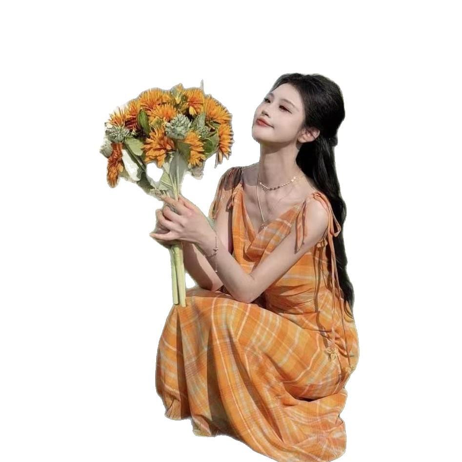 French Retro Atmosphere Super White Orange Plaid Suspender Dress Women's Summer New Waist and Thin Medium and Long Dress