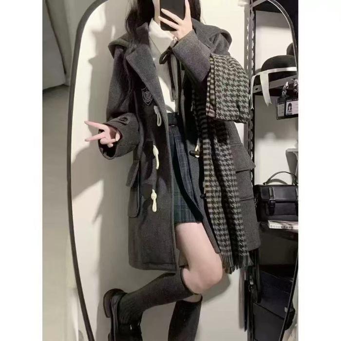 Women s Mid-Length Wool Hooded Toggle Coat - Trendy Autumn/Winter Style 2XL