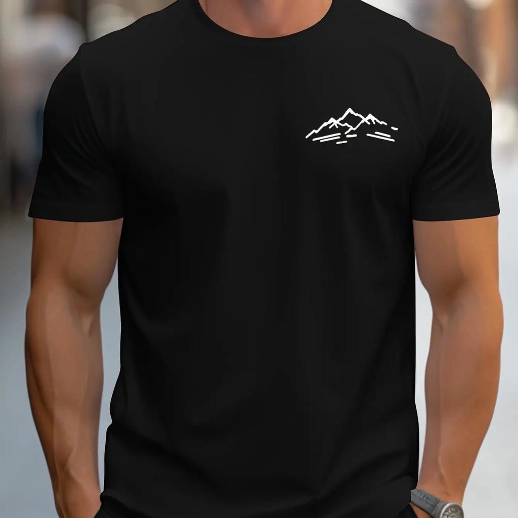 2025 Men's Summer 100 Cotton Fashionable Casual Sports Loose Plus Size Mountain Pattern Printed Round Neck Short Sleeved T-shirt