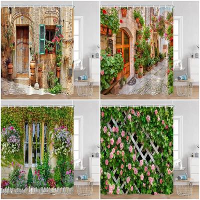 Vintage European Style Street View Shower Curtain Street View Old Stone Wall Plant Bathroom Curtain Bath Decoration