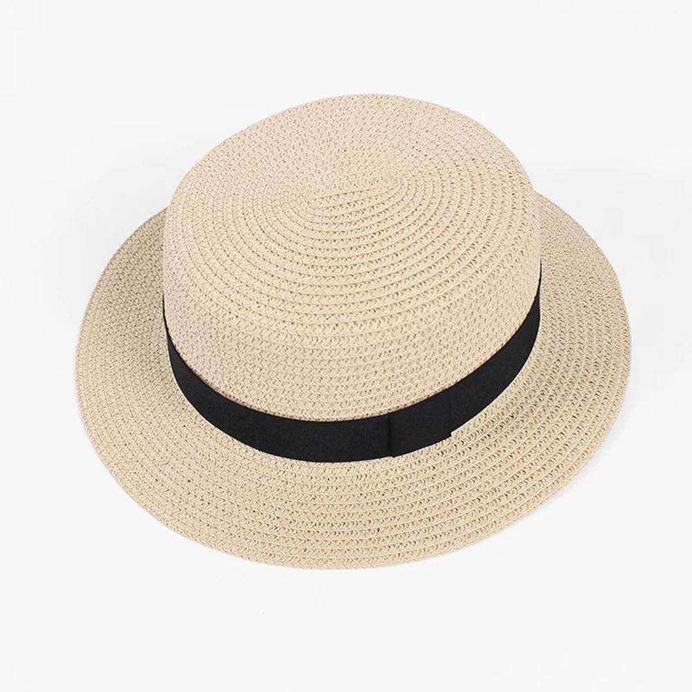 New Women's Hat Ribbon Straw Sun Hat Breathable Large Brim Beach Summer Boater Beach Ribbon Round Flat Top Hat For Women